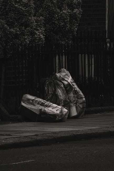 A small pile of black plastic rubbish bags, some crumpled and others neatly tied, positioned on the pavement next to a curb in an outdoor urban setting. The bags contain waste materials that are partially visible through the thin plastic, with some appearing to be filled with lightweight items and others seeming more full or bulky. Behind the bags, there is a dark wooden fence with vertical slats, casting shadows on the ground, and a leafy green bush extending above the fence on the left side of the image. The scene is lit by natural light, suggesting daytime, with subdued shadows indicating overcast weather or shaded surroundings. The overall environment appears to be a residential or private property exterior, where local rubbish collection or alternative waste handling methods such as private rubbish removal services might be utilized, aligning with professional rubbish removal practices observed in urban contexts.